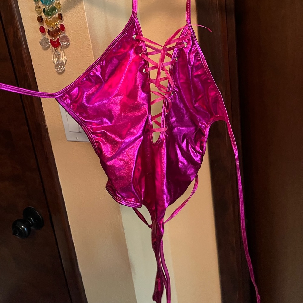 Sexy Metallic Shiny PU HOT PINK Lingerie Bodysuit S
